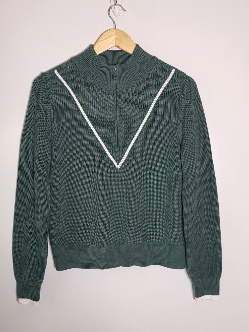 T By Talbots Green coolmax Half-Zip Pullover Sweater with Contrast Trim Size Sm